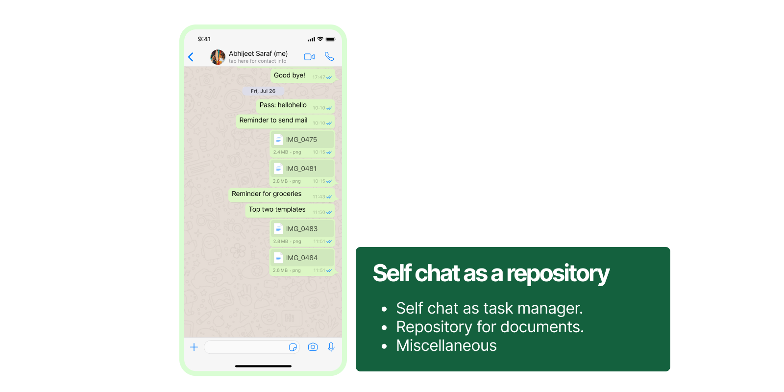 Self chat as a repository for reminders, personal documents, and data